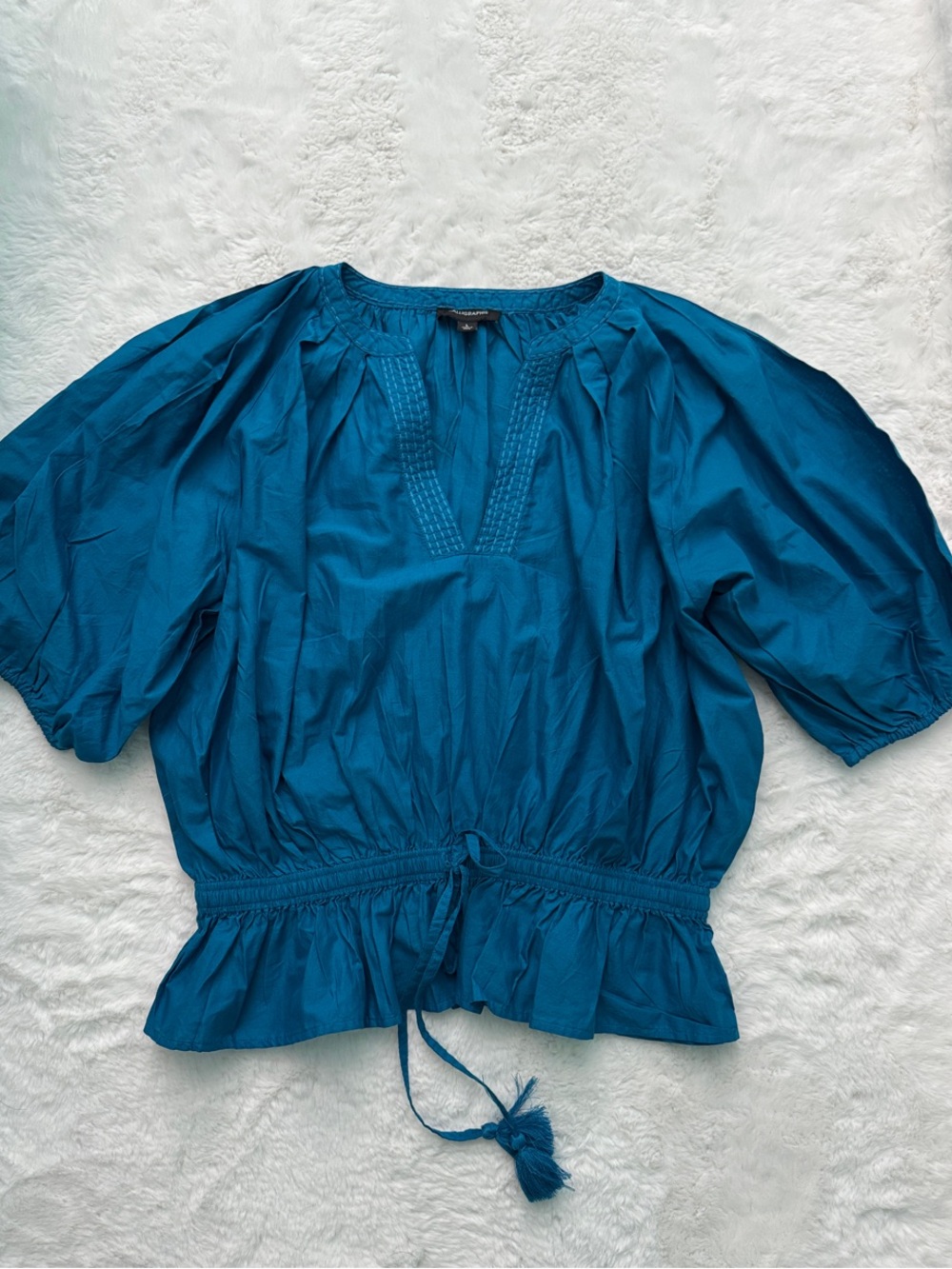 Relaxed Teal Peasant Blouse with Drawstring Waist
